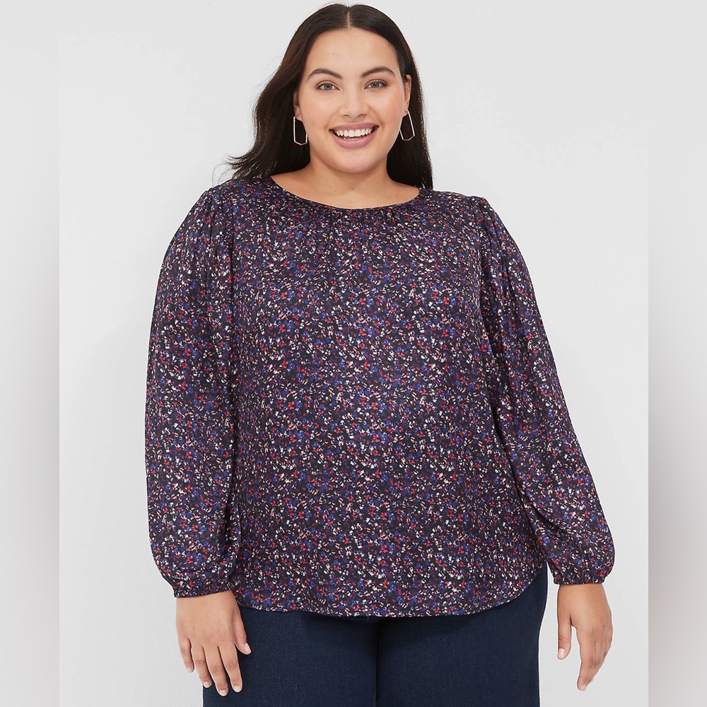Lane Bryant Navy Floral Long Sleeve Crew Neck Top Sz 20 EUC